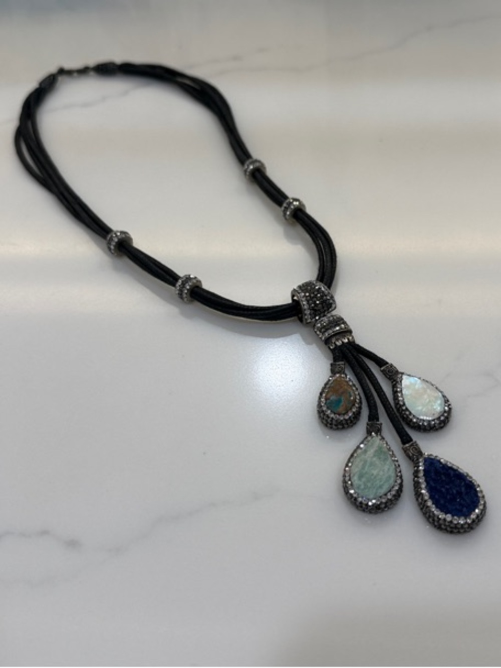 Multi-Teardrop Pendant Necklace in Black with Blue, Opal and Turquoise Accents